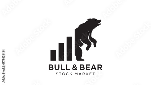 Bull and bear stock market logo with upward bars and downward animal silhouettes for trading branding