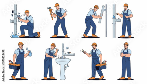 Professional Plumber Character Set with Various Poses and Repair Scenarios Including Fixing Pipes, Using Tools, Carrying Toolbox, and Inspecting Sink Leaks.