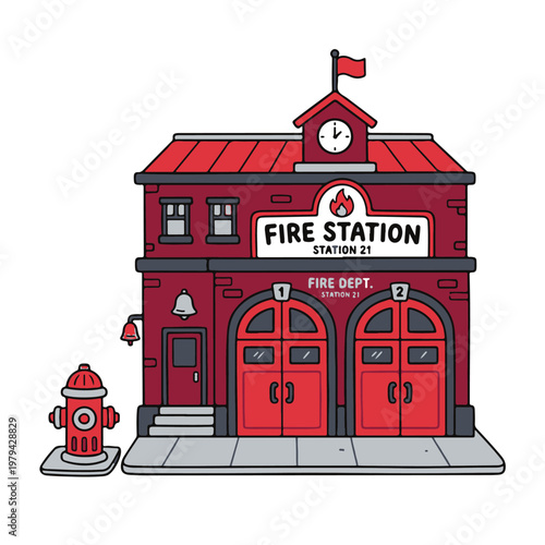 Fire Station Building with Red Doors.