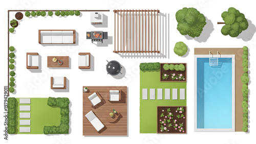 Top View Backyard Elements Vector Set Patio Furniture Grill Pergola Pool Garden Layout Modern Flat Design Soft Colors Minimal Shadows