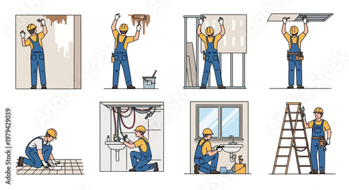 Professional Construction Worker and Handyman Set Performing Home Renovation Tasks Including Plumbing Painting Tiling Electrical Work and Drywall Installation