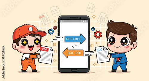 Cute cartoon characters exchanging messages on a smartphone with chat bubbles and colorful icons