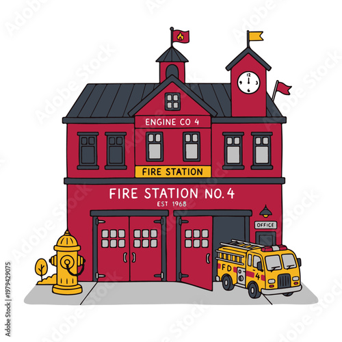 Fire Station Building With Fire Truck.