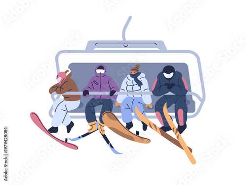 Tourists up to mountain on chairlift. Group of skiers is on ski elevator. Riders sit on bench of aerial lift. People are on cableway at winter resort. Flat isolated vector illustration on white