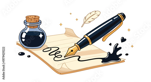 Creative writing scene with a fountain pen, ink bottle, and handwritten notes on paper for artistic and educational use