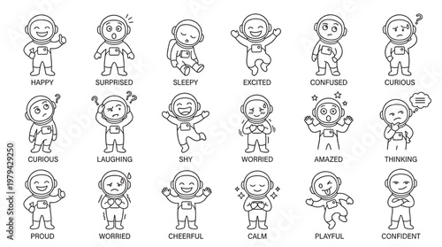 Outline astronaut emotion character vector set with labels. Cute spaceman showing proud, worried, cheerful, calm, playful, confident, laughing and more. Great for kids stickers and education design.