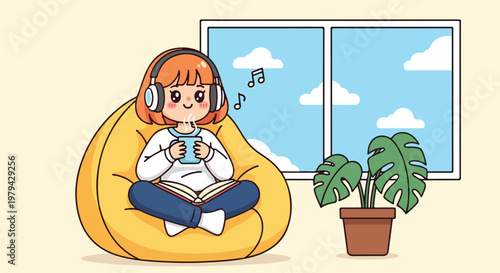 Cute young girl relaxing on a yellow bean bag chair while listening to music and enjoying a peaceful day at home