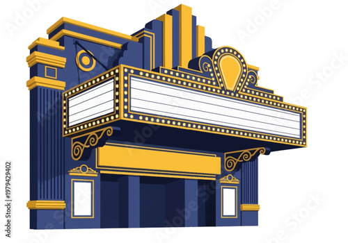 Classic movie theater marquee with glowing bulbs and empty message board, a retro entertainment venue facade
