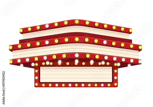 Retro illuminated marquee sign with blank screen and red and yellow lights, isolated on white background