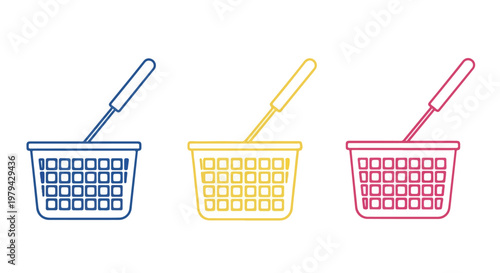 Colorful shopping baskets in blue yellow and pink with handles on a white background for retail or shopping themes