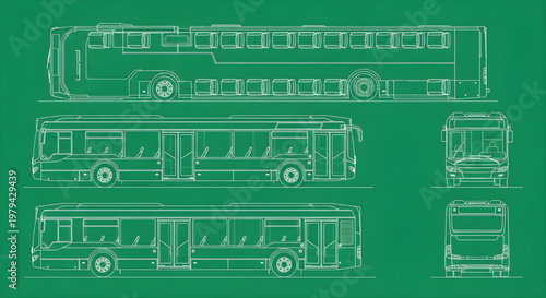Electric Bus Blueprint Vector – Long Public Transport Vehicle Interior Seating Layout Multiview Technical Drawing White Outline on Green