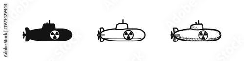 Nuclear Submarine Icons Set, Silhouette, Outline, and Hand-Drawn Sketch Styles