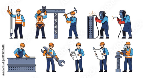 Professional Construction Worker Illustration Set Featuring Industrial Laborers, Welders, Engineers, and Builders in Safety Gear for Project Site Development