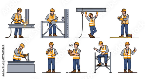 Professional Construction Workers Illustration Set Featuring Industrial Engineers Welding Measuring and Building in High-Visibility Safety Gear for Industry Use