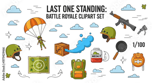 A collection of battle royalethemed cartoon illustrations featuring a parachutist supplies weaponry and gear against a clouddotted background