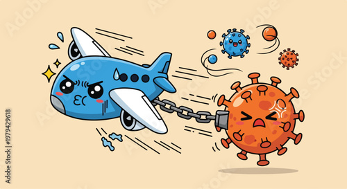 Cartoon illustration of a blue fish fighting against a chain-connected red virus character representing infection