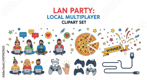 A collection of LAN partythemed illustrations featuring people with laptops gaming controllers pizza and network cables