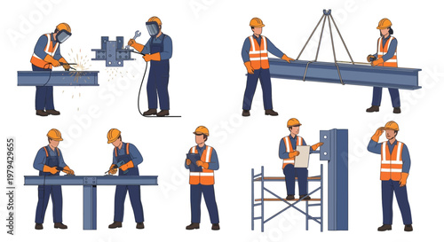 Professional Construction Workers and Industrial Laborers Set in Various Poses Including Welding, Lifting Steel Beams, Drilling, and Site Inspection Illustrations.