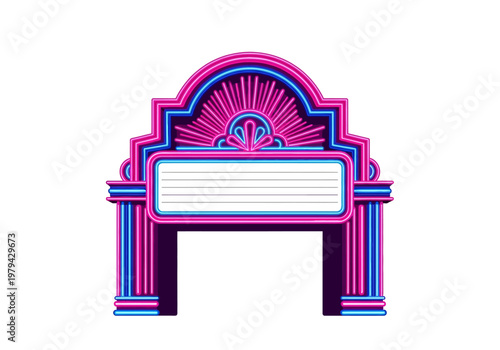 Retro cinema marquee with glowing neon lights and blank sign for custom text