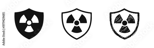 Radiation Protection Shield Icons Set, Nuclear Safety and Security Symbols, Vector Illustration