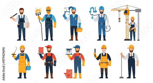 Set of professional construction workers and industrial professionals flat vector illustrations featuring welder, electrician, mason, painter, and crane operator