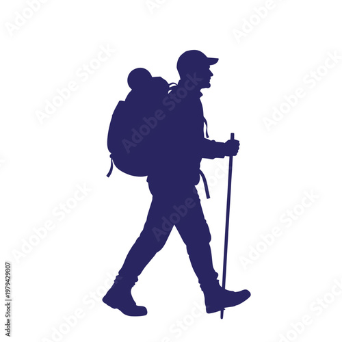 Silhouette of a hiker with backpack and trekking poles walking