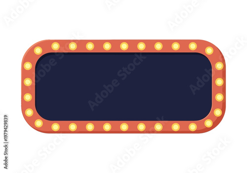 Retro marquee sign with empty space for text and illuminated light bulbs on a white background