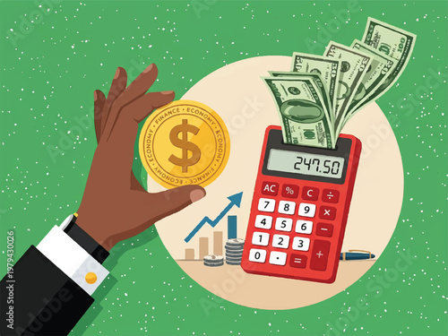 Business finance concept with hand holding gold coin and calculator with money on green background with white dots