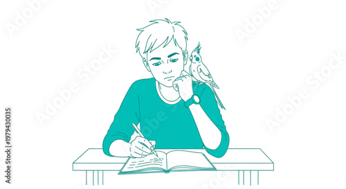 Boy writing in book with pet bird on shoulder