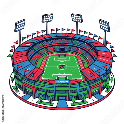 Colorful illustration of a soccer stadium.