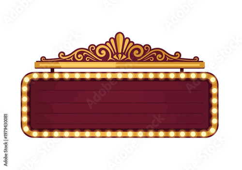 Retro Marquee Sign Board with Golden Ornament and Lights, Empty Space for Text