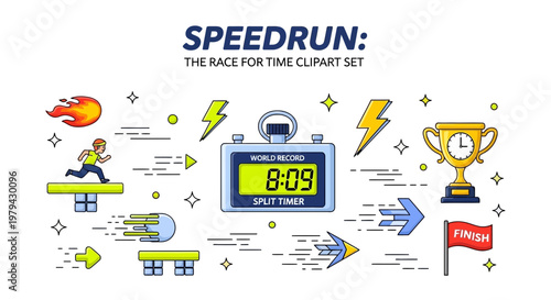 A digital illustration titled Speedrun featuring a runner stopwatch gold trophy finish flag and various motion symbols