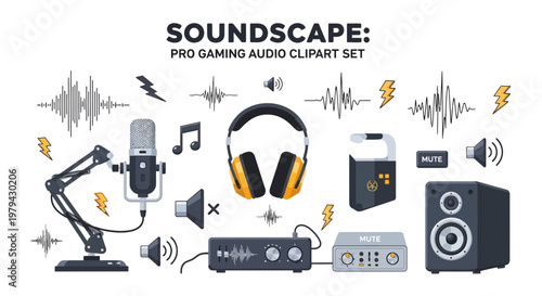 A graphic collection of professional gaming audio equipment including microphones headphones speakers and mixers on a white background