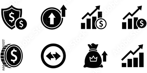 Financial growth and investment icon collection featuring currency symbols, rising charts, and money bag graphics