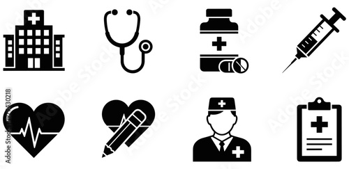 Medical and healthcare icon set featuring hospital, stethoscope, medicine, syringe, heart, and doctor symbols