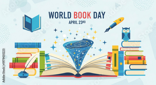 Vibrant world book day illustration with books owl and swirling vortex from open book surrounded by stars and writing utensils on light background