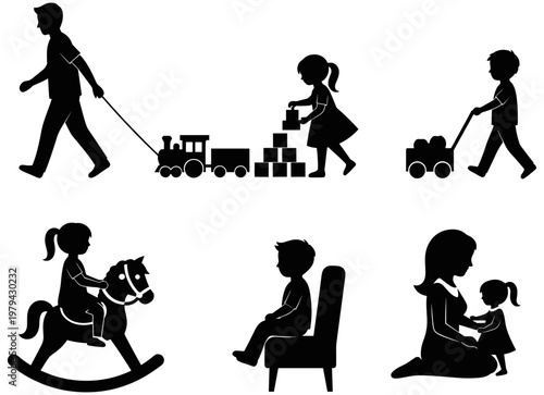 Set of black silhouettes of children playing with various toys and interacting with parents on white background