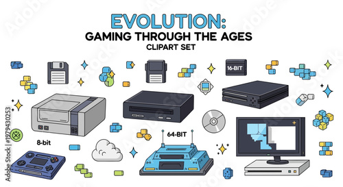 A graphic featuring a collection of retro video game consoles cartridges and computer components with stylized icons