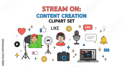 A graphic set featuring illustrated content creation icons including a streamer camera microphone and social media symbols