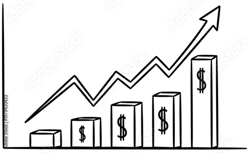 Hand drawn sketch of a rising financial bar chart with dollar symbols representing economic growth and success.