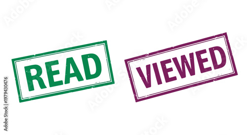 Close-up of green and purple rubber stamps with the words read and viewed on white background