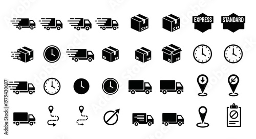 Black icons related to delivery and logistics.