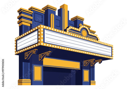 Vintage movie theater marquee with blank sign for custom text, blue and yellow architectural design