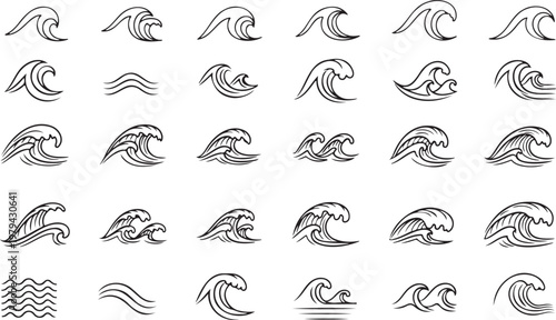 Wave sea line doodle icon set. Hand drawn sketch water wave outline. Simple curve, scribble aqua flow.