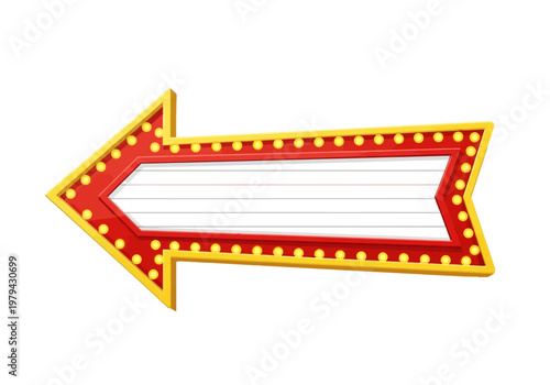 Retro Marquee Arrow Sign with Blank Space for Text and Illuminated Bulbs on White Background