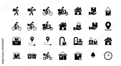 A collection of black icons on white background.