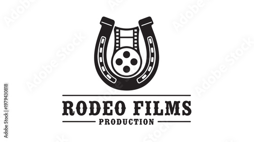 Horseshoe film reel logo with clapperboard and popcorn icon, Road Films Production typography featuring cinema, studio branding, entertainment with