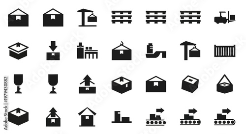 Black icons of industrial and shipping concepts.