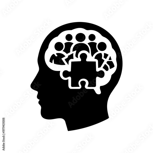 Human profile silhouette with people icons and a puzzle piece representing social psychology concepts