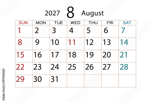 2027年カレンダー8月 ⑵